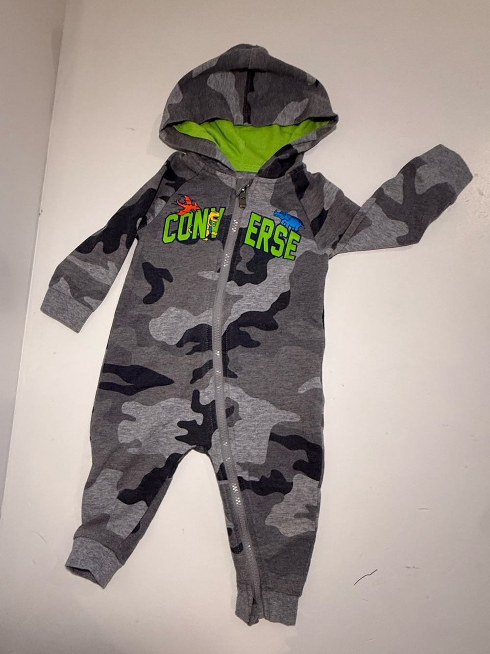 Converse 12M Grey Camo Dinosaur Hooded Romper